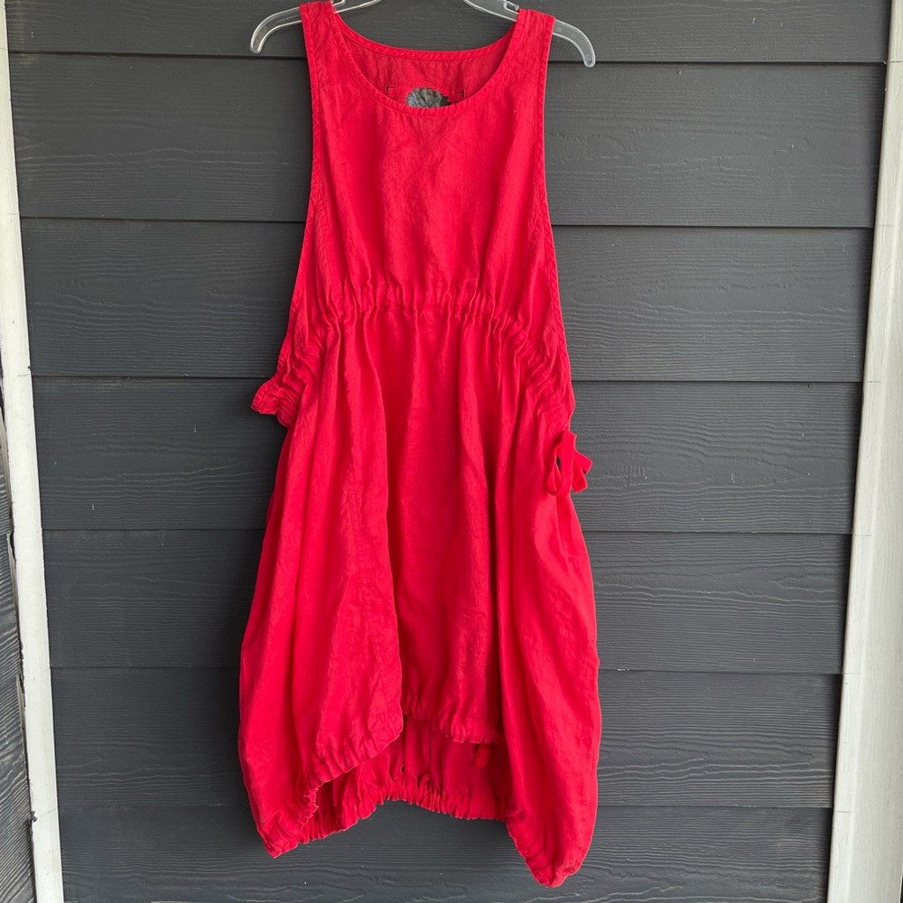 Rundholz red ramie (linen) open side adjustable jumper dress lagenlook OS -1V